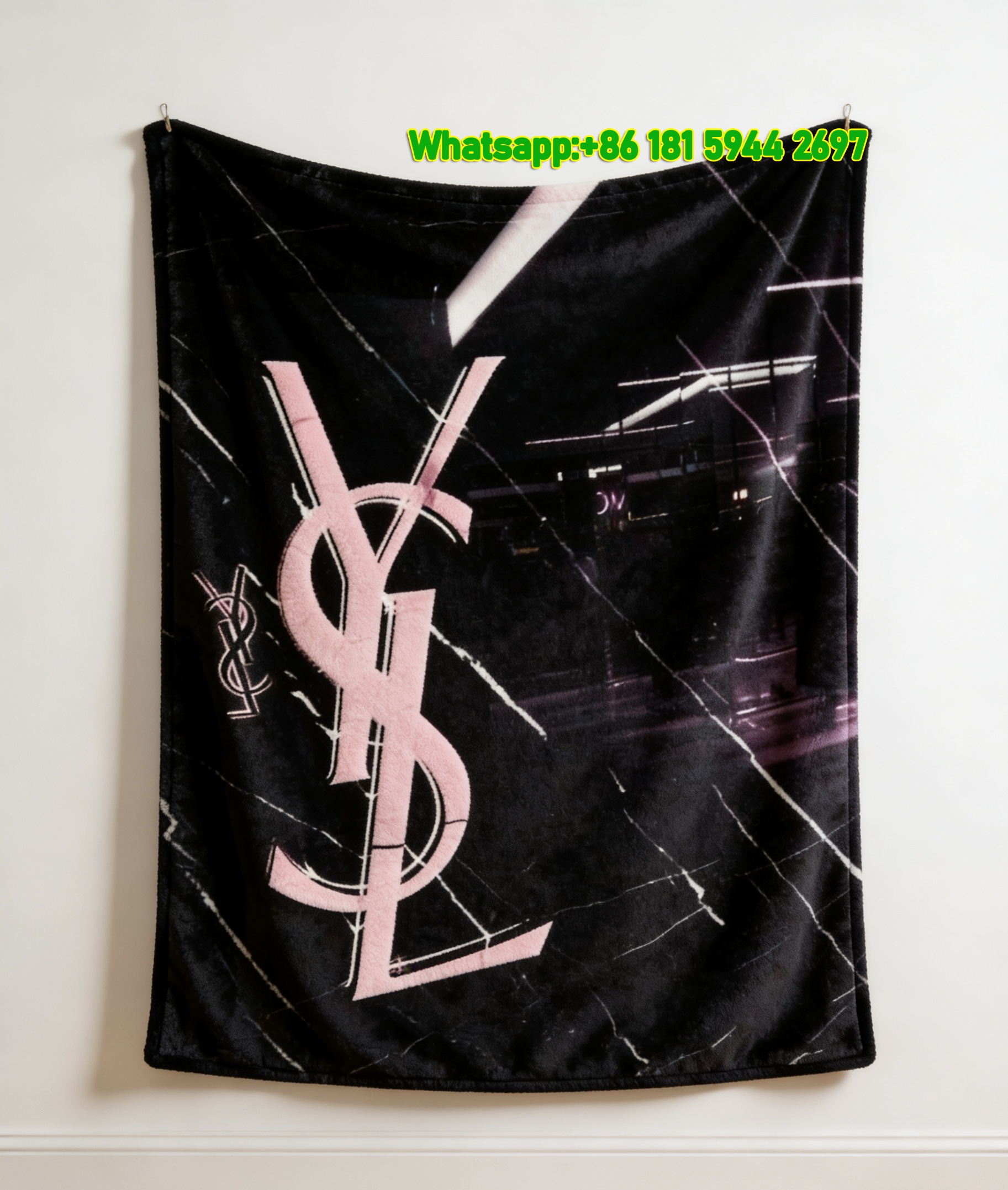 Yves Saint Laurent YSL Black Marble with Pink Logo Print Flannel Throw Blanket IMG_3276